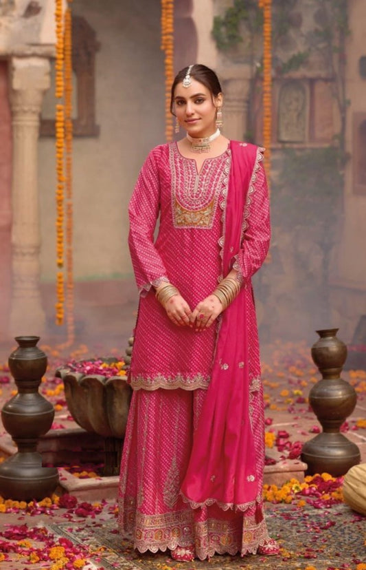 Alluring Pink Digital Print  With Embroidery Work Palazzo Suit Set