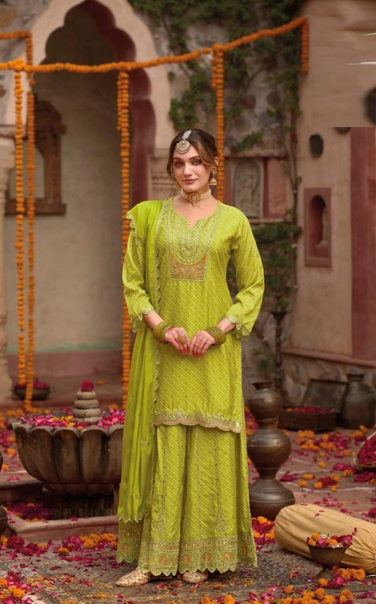 Radiant Pista Green Digital Print  With Embroidery Work Palazzo Suit Set