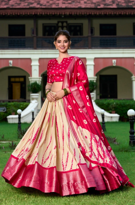 Sleek Cream And Pink Dola Silk Shibori Print With Zari Weaving Border Traditional Lehenga
