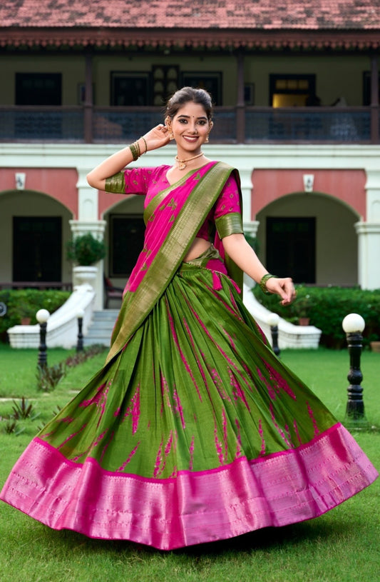 Exquisite Green And Pink Dola Silk Shibori Print With Zari Weaving Border Traditional Lehenga