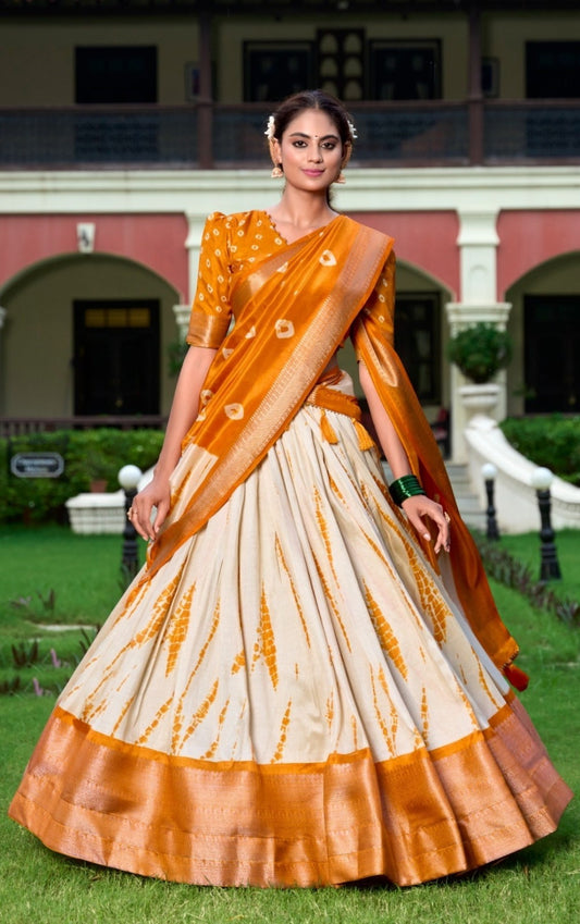 Vibrant Cream And Rust Dola Silk Shibori Print With Zari Weaving Border Traditional Lehenga