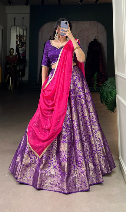 Stylish Purple Jacquard Silk Zari Weaving Work Traditional Lehenga