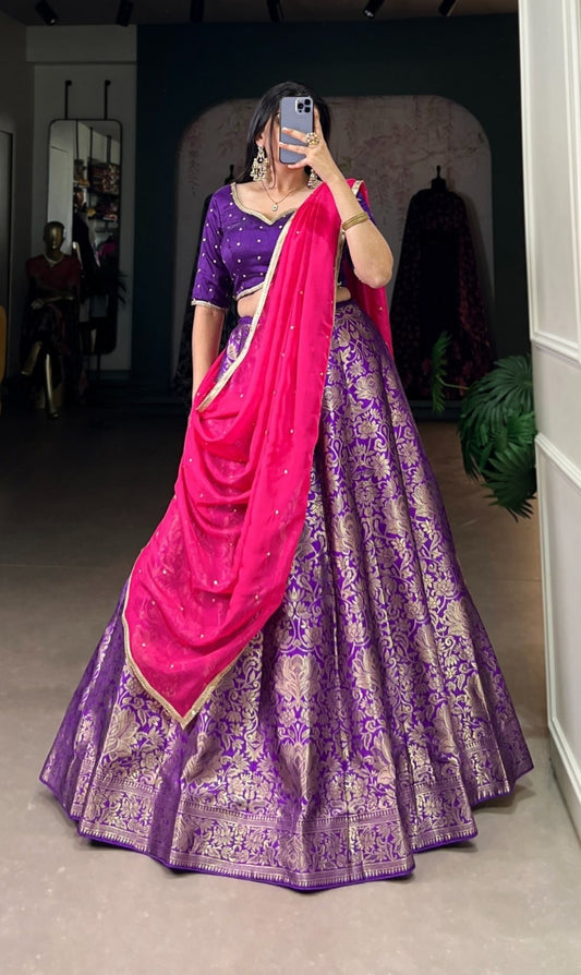 Stylish Purple Jacquard Silk Zari Weaving Work Traditional Lehenga