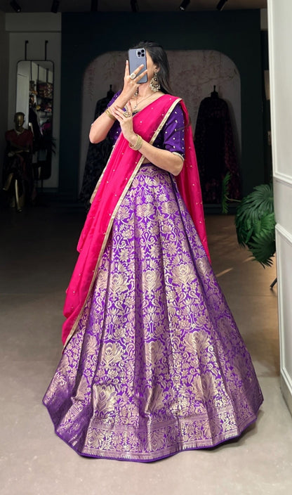 Stylish Purple Jacquard Silk Zari Weaving Work Traditional Lehenga