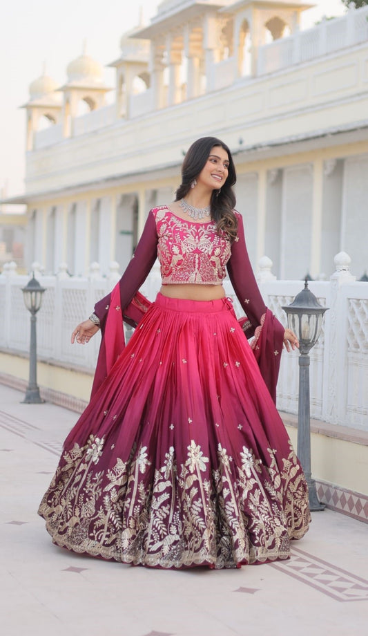 Glamorous Pink And Purple Chinon With Embroidery Sequins Work Lehenga