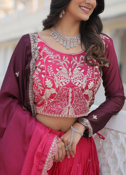 Glamorous Pink And Purple Chinon With Embroidery Sequins Work Lehenga