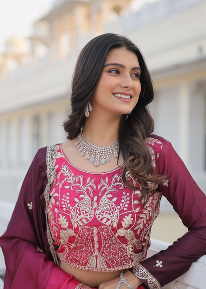 Glamorous Pink And Purple Chinon With Embroidery Sequins Work Lehenga