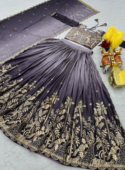 Classy Grey Chinon With Embroidery Sequins Work Lehenga