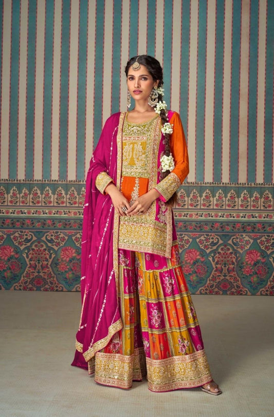 Spectacular Pink Multi Chinon Silk With Embroidery Work Palazzo-Bottom Suit Set