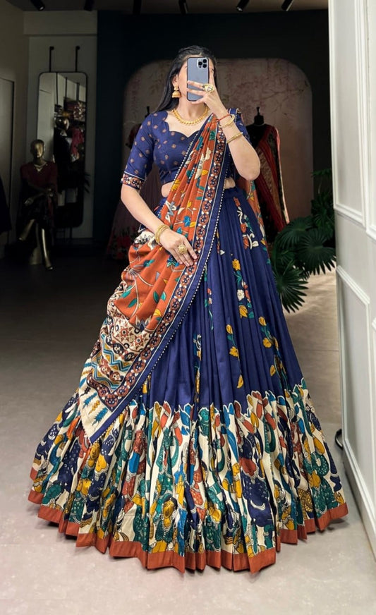 Graceful Navy Blue Tussar Silk Kalamkari With Foil Work Printed Lehenga