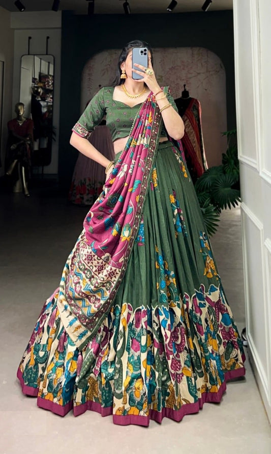 Trendy Green Tussar Silk Kalamkari With Foil Work Printed Lehenga