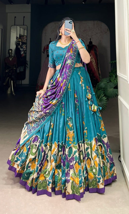 Dazzling Blue Tussar Silk Kalamkari With Foil Work Printed Lehenga