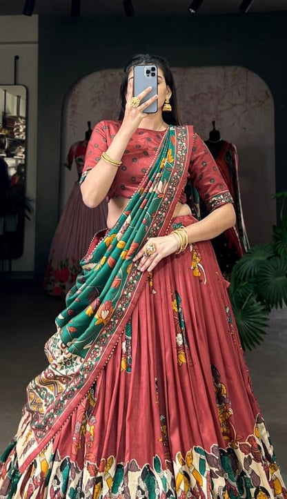 Flawless Rust Tussar Silk Kalamkari With Foil Work Printed Lehenga