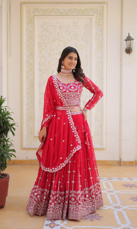 Polished Red Georgette Gliterring Lehenga With Embroidery Sequins Work