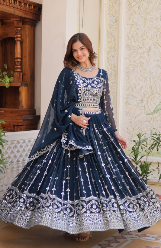 Opulent Navy Blue Georgette Gliterring Lehenga With Embroidery Sequins Work