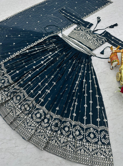 Opulent Navy Blue Georgette Gliterring Lehenga With Embroidery Sequins Work