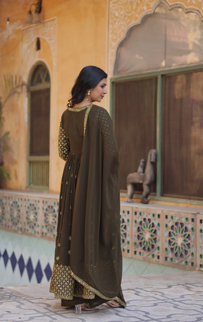 Pretty Brown Georgette With Embroidered Work Front-Slit Salwar Suit Set