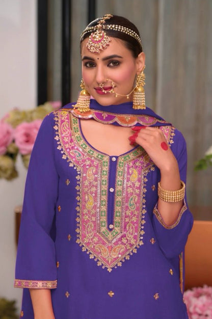 Magnificent Purple Chinon With Embroidery Work Palazzo-Bottom Suit Set
