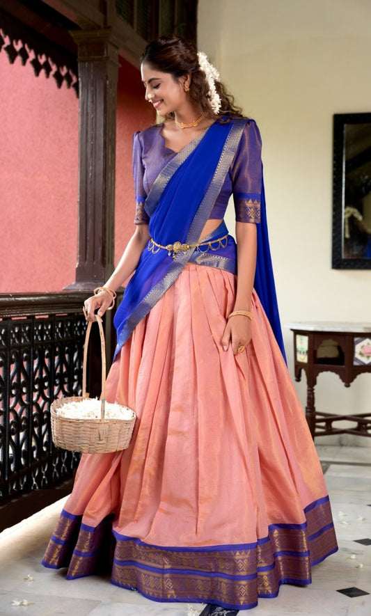 Women Peach And Blue Kanchipuram Zari Weaving Work Traditional Lehenga