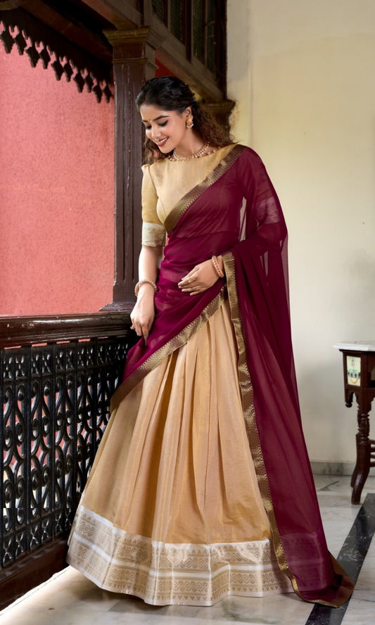 Women Beige Kanchipuram Zari Weaving Work Traditional Lehenga