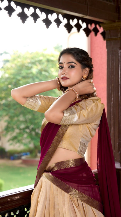 Women Beige Kanchipuram Zari Weaving Work Traditional Lehenga