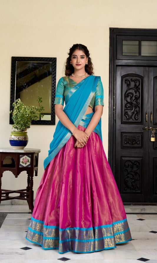 Women Pink And Blue Kanchipuram Zari Weaving Work Traditional Lehenga