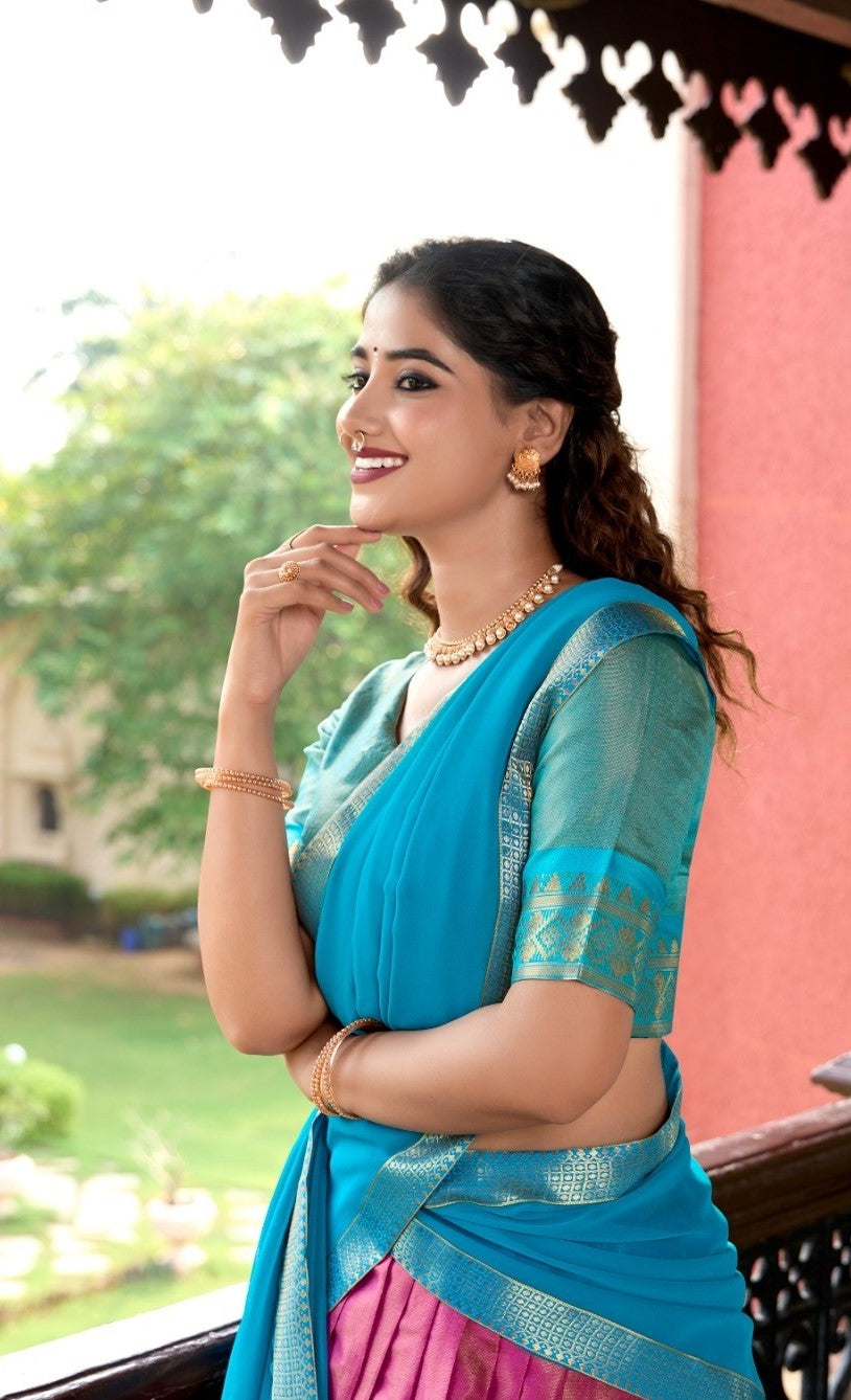 Women Pink And Blue Kanchipuram Zari Weaving Work Traditional Lehenga