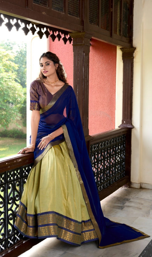 Women Beige And Blue Kanchipuram Zari Weaving Work Traditional Lehenga