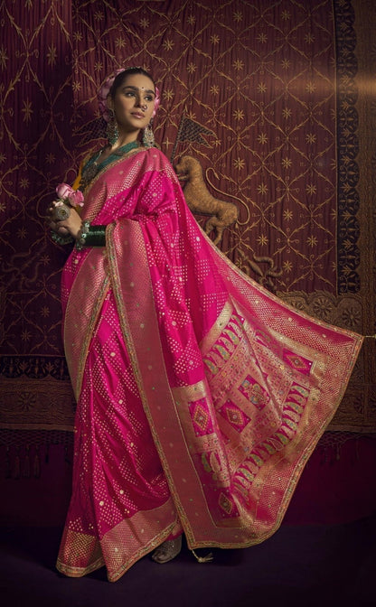 Avant-Garde Pink And Orange Viscose Dola Silk With Handwork Embroidery Saree