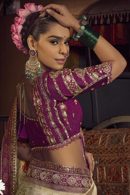 Amazing Cream And Purple Viscose Dola Silk With Handwork Embroidery Saree