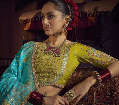 Beautiful Blue And Green Viscose Dola Silk With Handwork Embroidery Saree