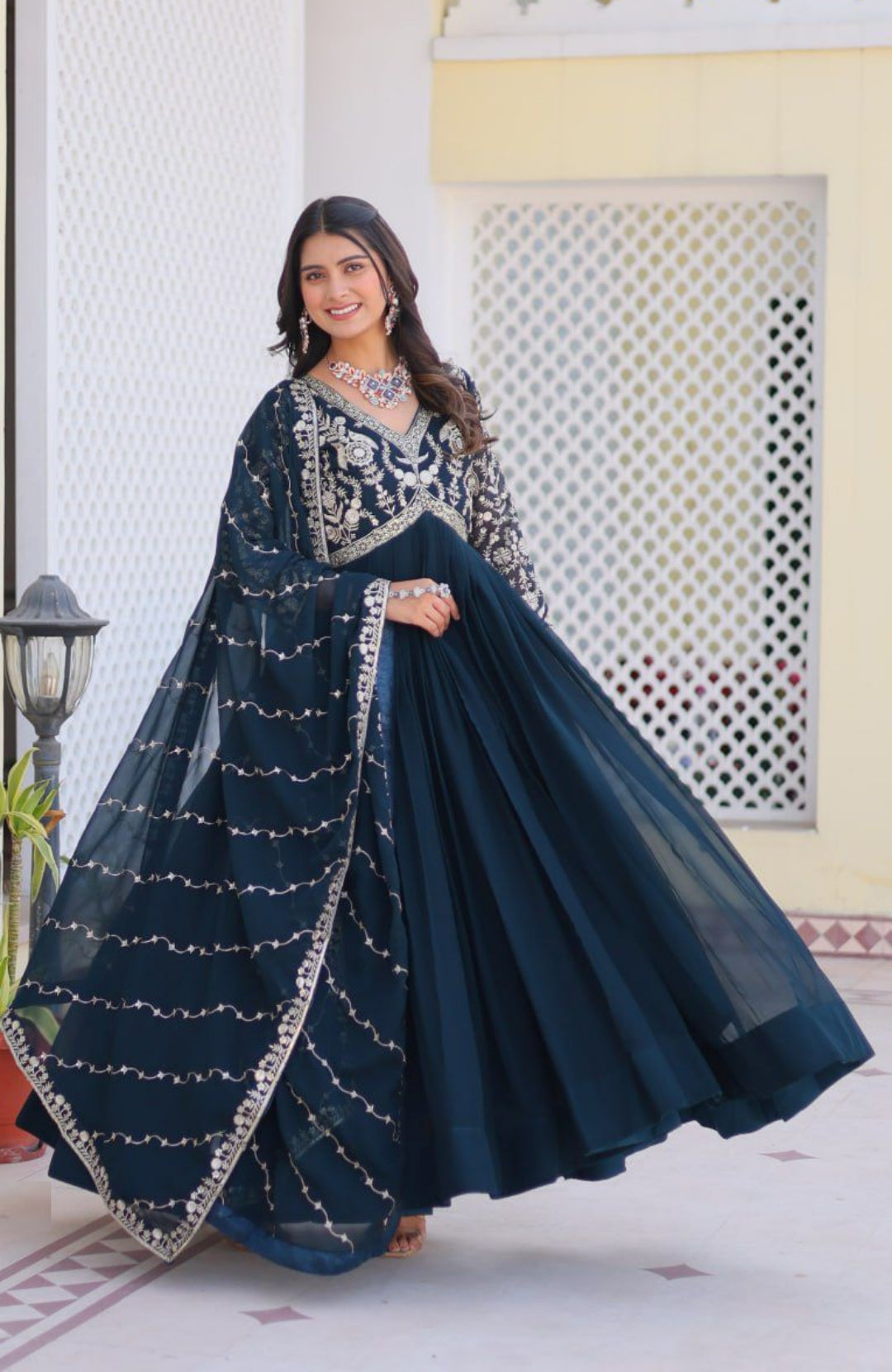 Women Navy Blue Georgette With Sequins Embroidery Work Gown With Dupatta