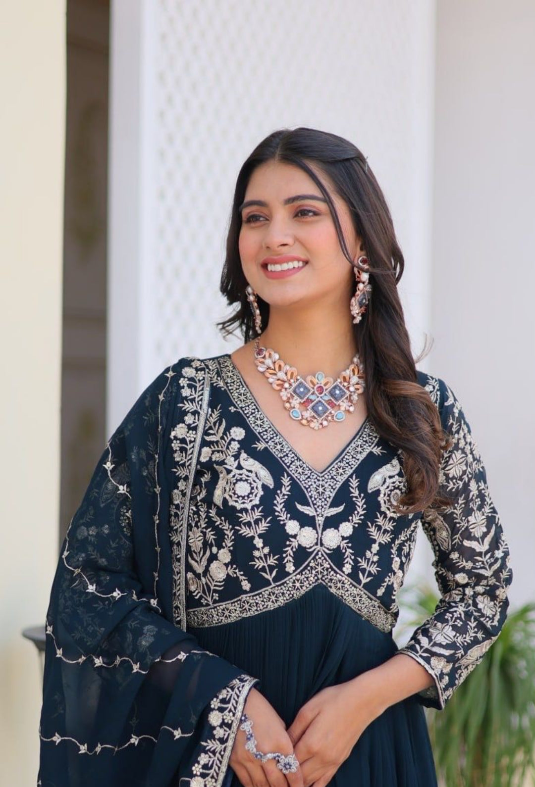 Women Navy Blue Georgette With Sequins Embroidery Work Gown With Dupatta