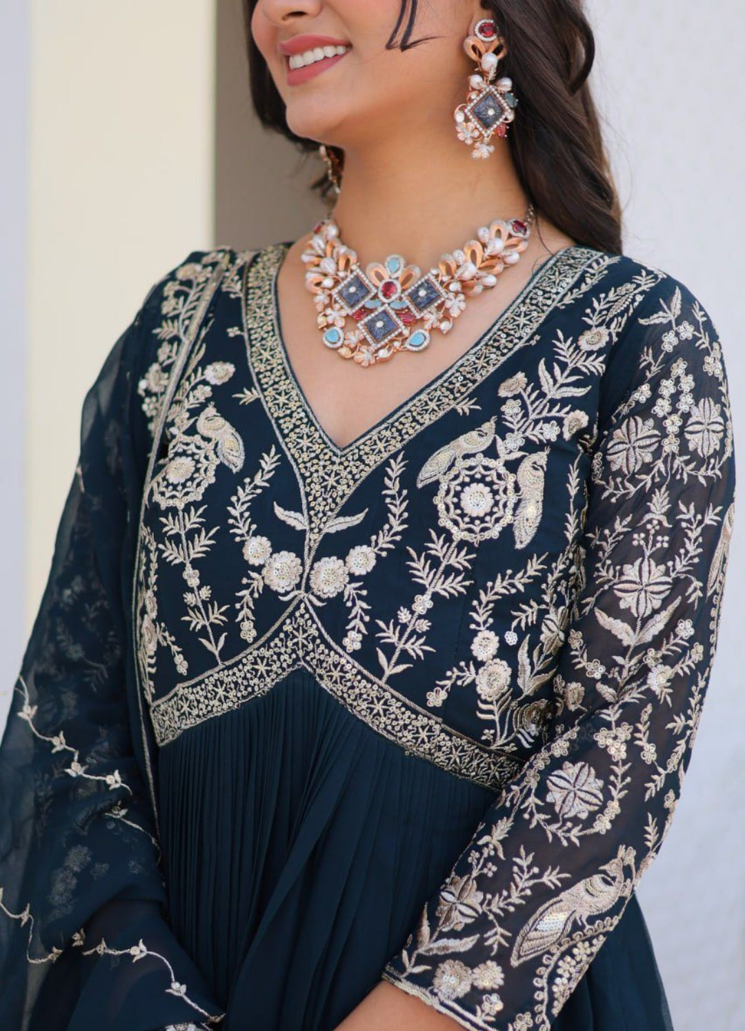 Women Navy Blue Georgette With Sequins Embroidery Work Gown With Dupatta