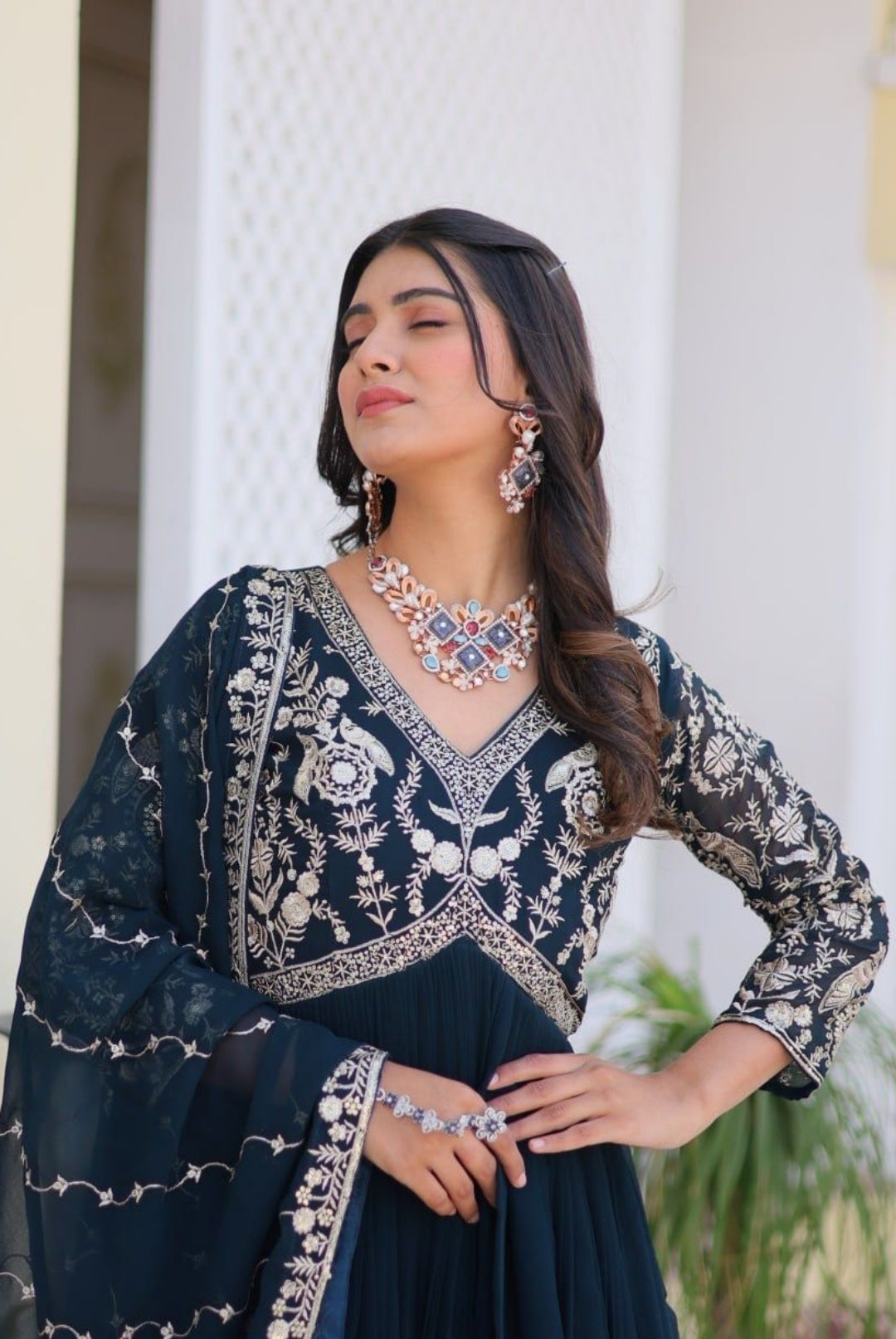 Women Navy Blue Georgette With Sequins Embroidery Work Gown With Dupatta