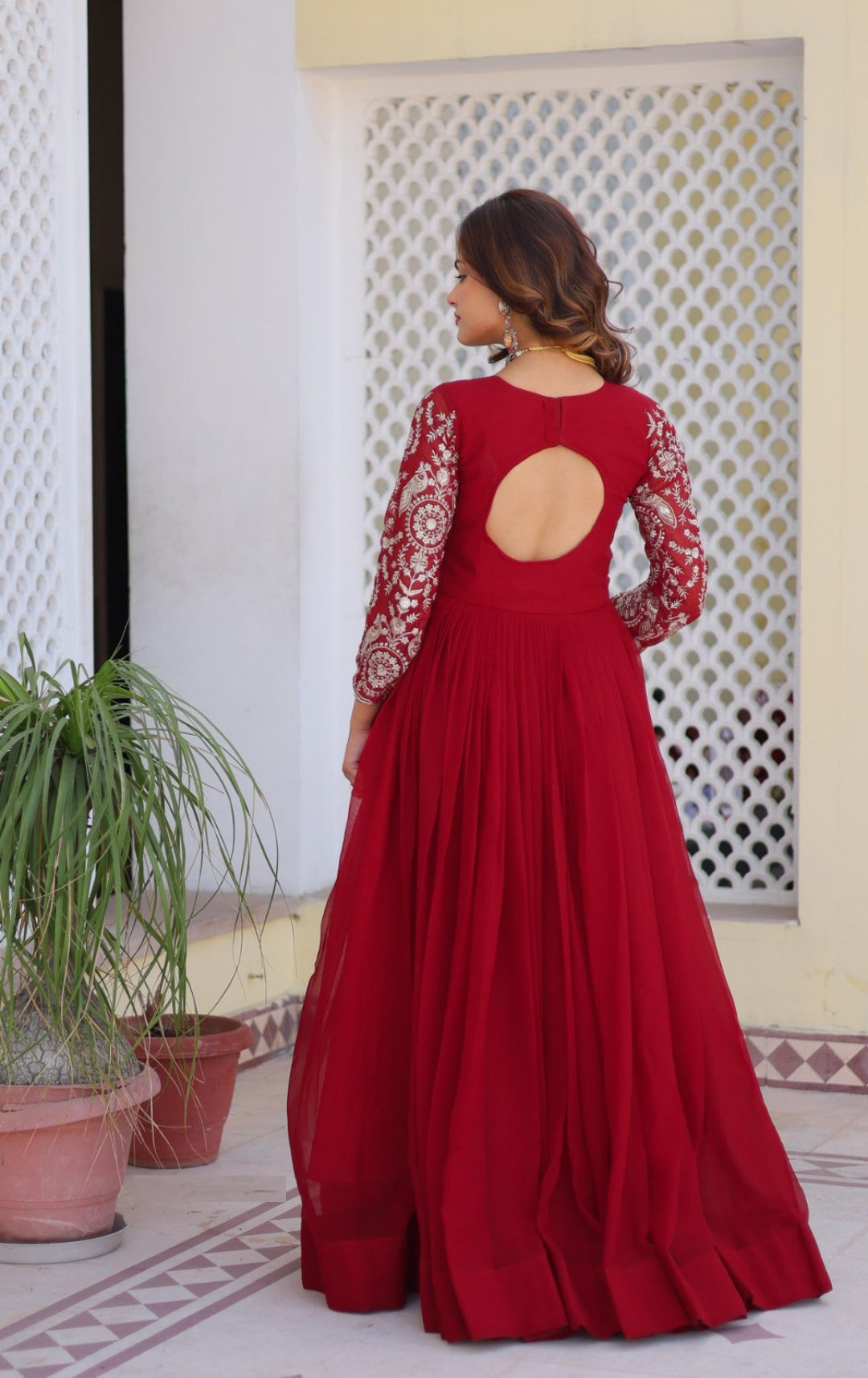 Women Red Georgette With Sequins Embroidery Work Gown With Dupatta