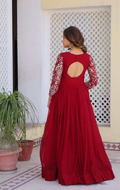 Women Red Georgette With Sequins Embroidery Work Gown With Dupatta