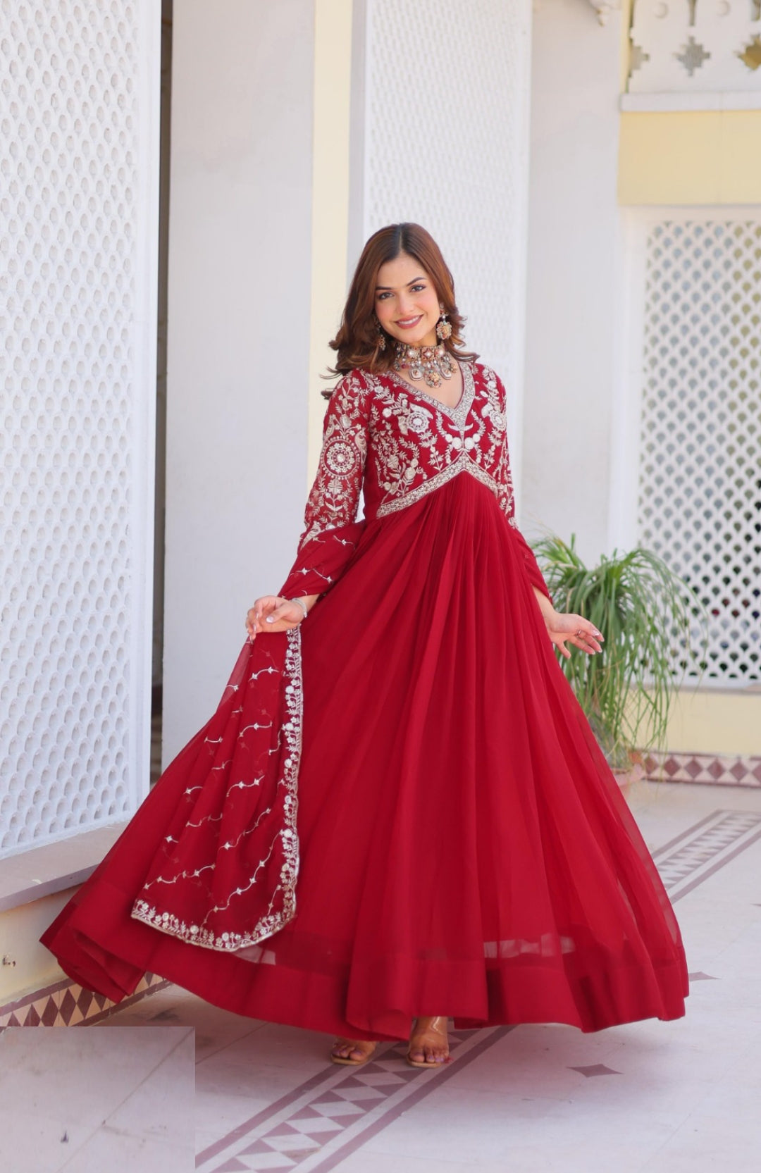 Women Red Georgette With Sequins Embroidery Work Gown With Dupatta