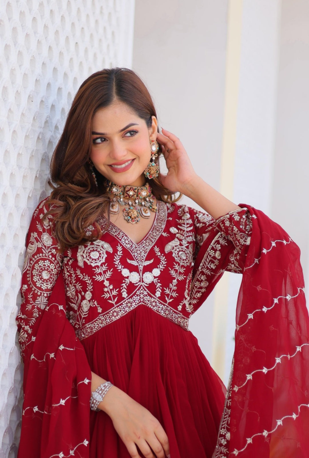 Women Red Georgette With Sequins Embroidery Work Gown With Dupatta