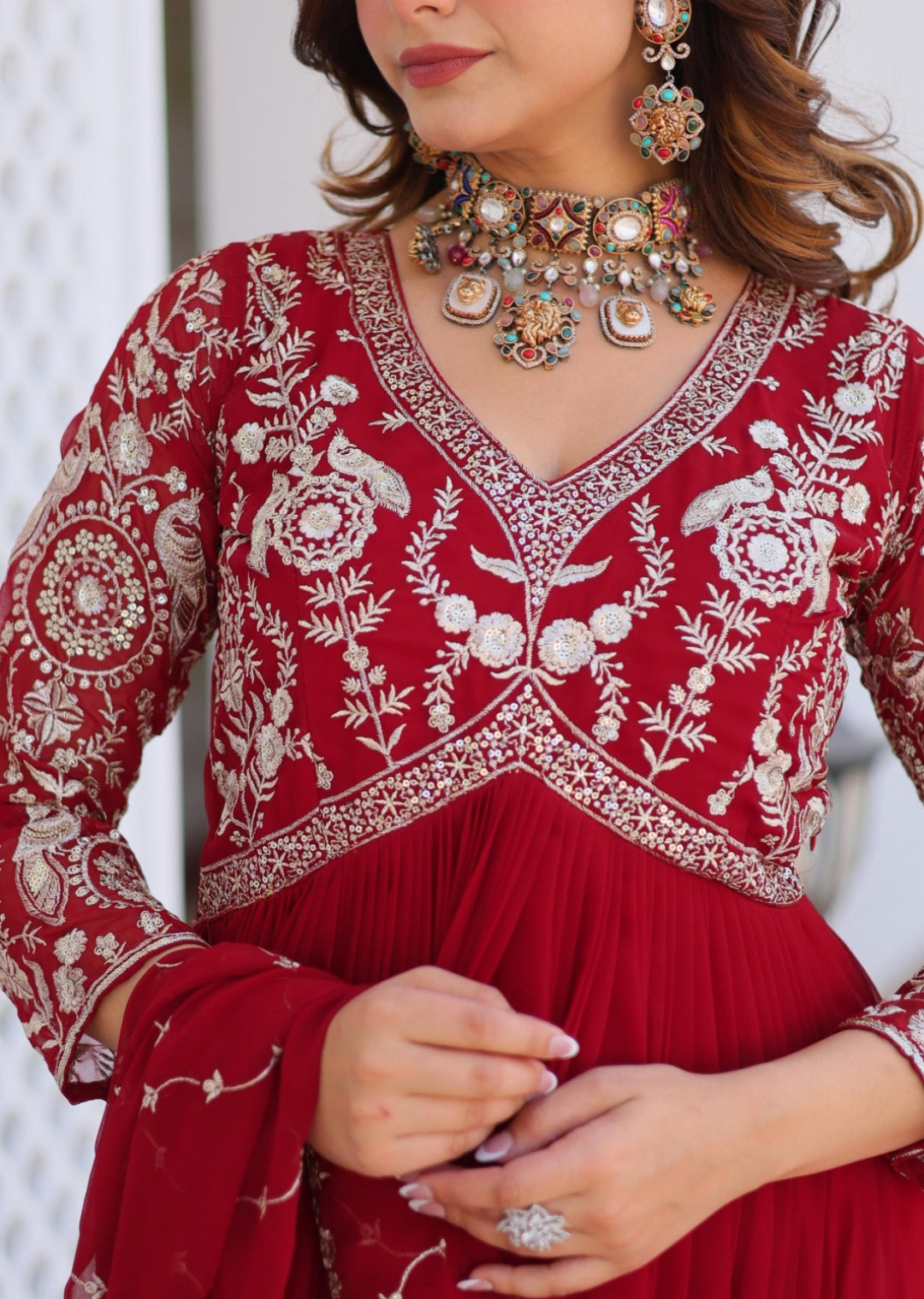 Women Red Georgette With Sequins Embroidery Work Gown With Dupatta