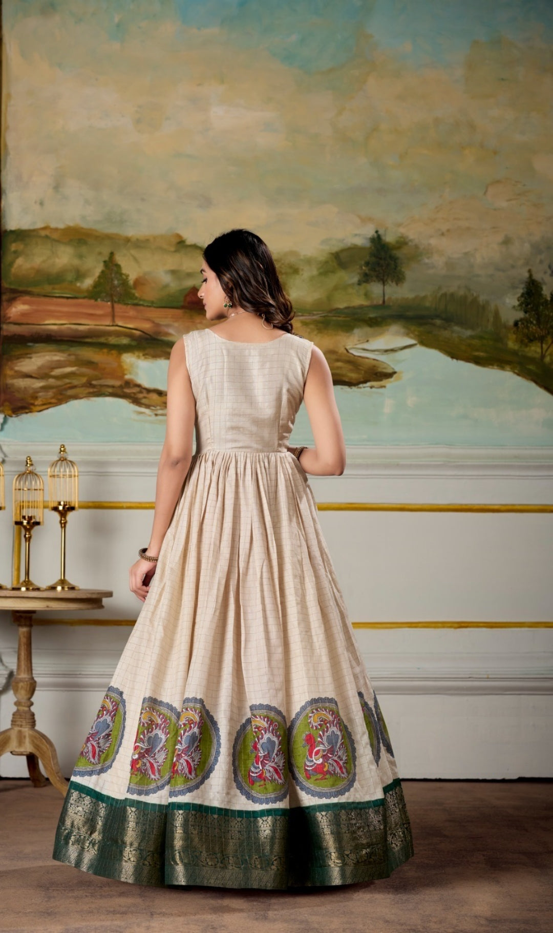 Women Cream And Bottle Green Dola Silk Kalamkari Print With Zari Weaving Broder Floor-Length Gown