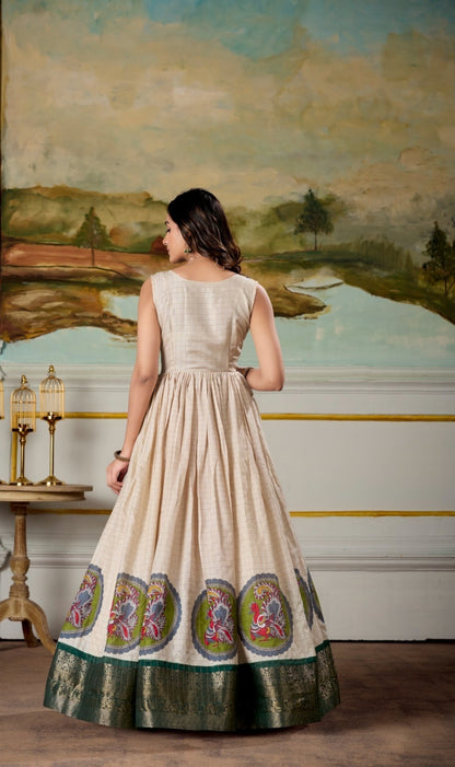 Women Cream And Bottle Green Dola Silk Kalamkari Print With Zari Weaving Broder Floor-Length Gown