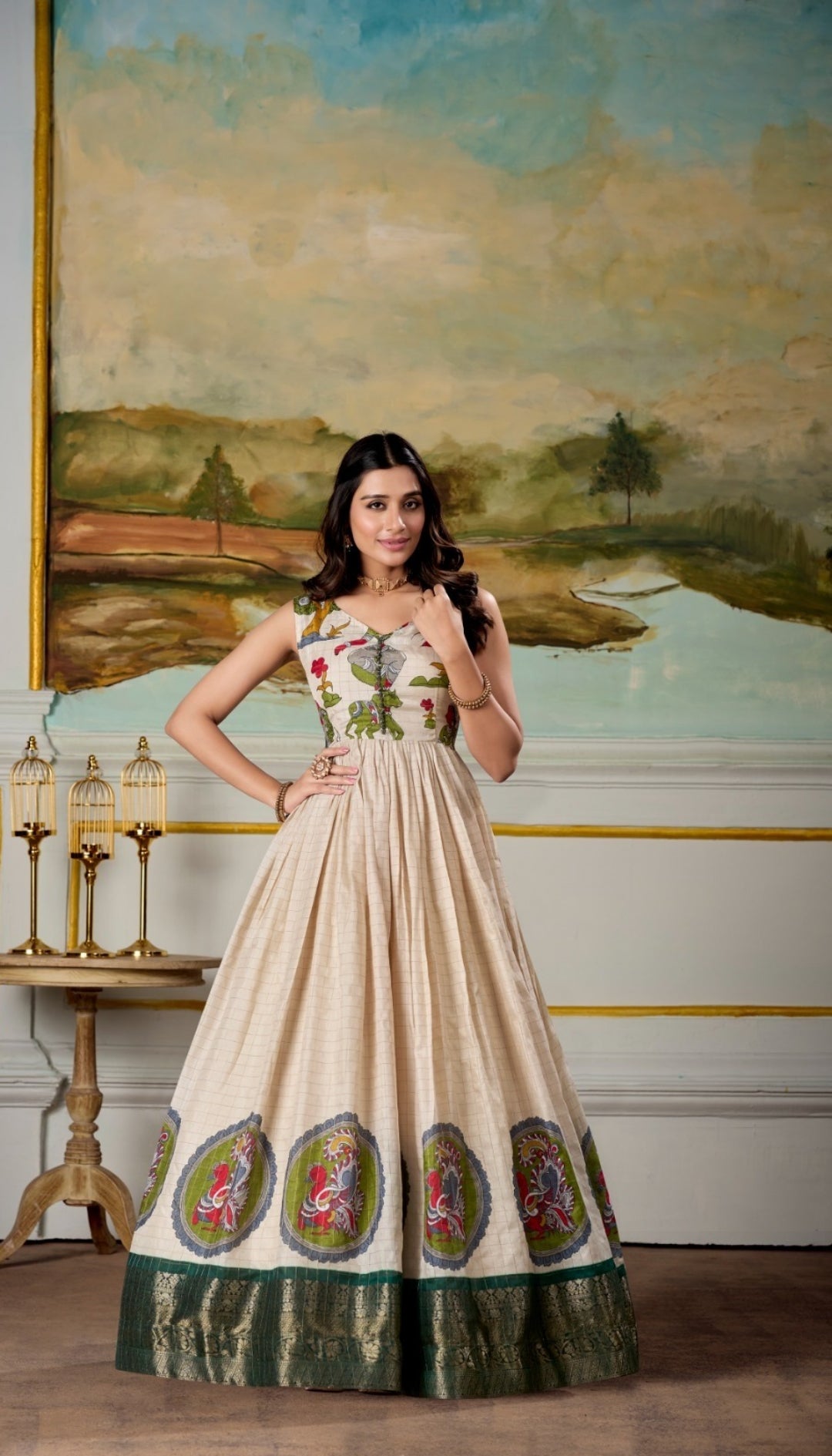 Women Cream And Bottle Green Dola Silk Kalamkari Print With Zari Weaving Broder Floor-Length Gown