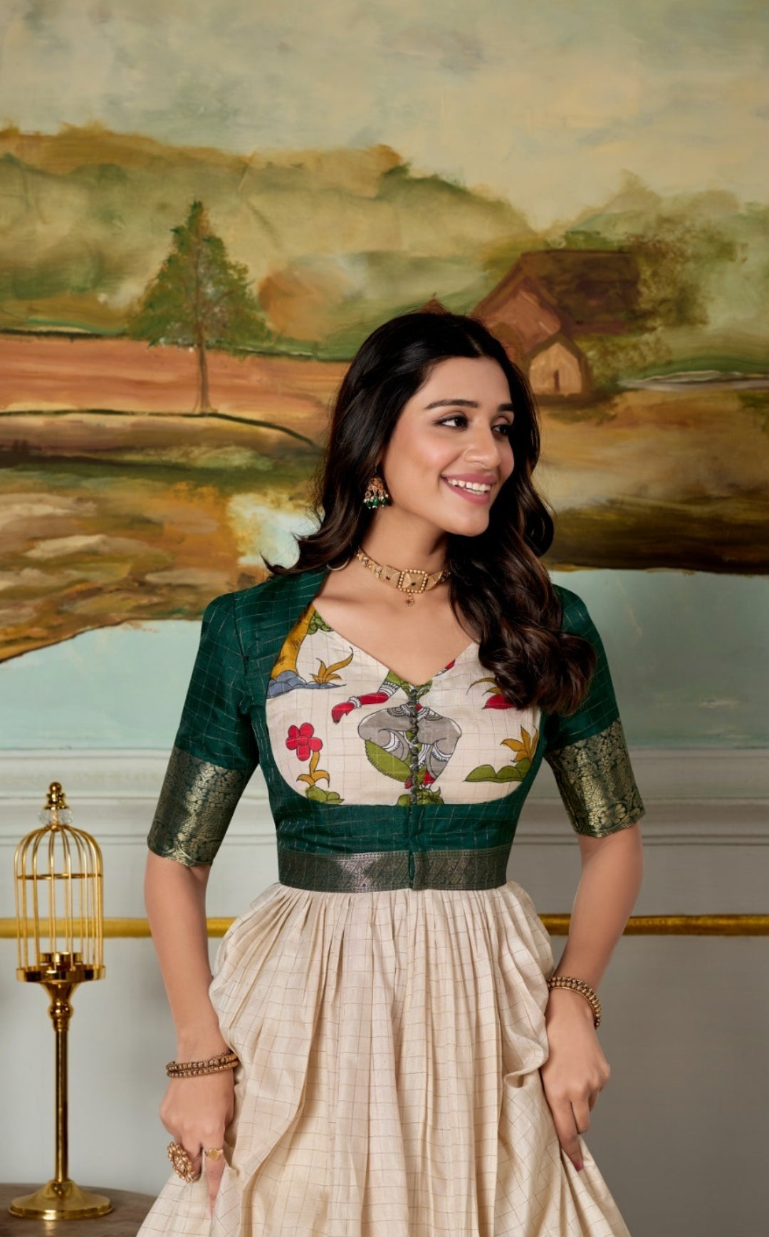 Women Cream And Bottle Green Dola Silk Kalamkari Print With Zari Weaving Broder Floor-Length Gown