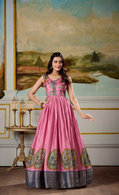 Women Pink And Navy Blue Dola Silk Kalamkari Print With Zari Weaving Broder Floor-Length Gown