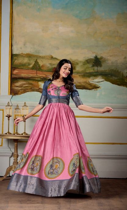 Women Pink And Navy Blue Dola Silk Kalamkari Print With Zari Weaving Broder Floor-Length Gown