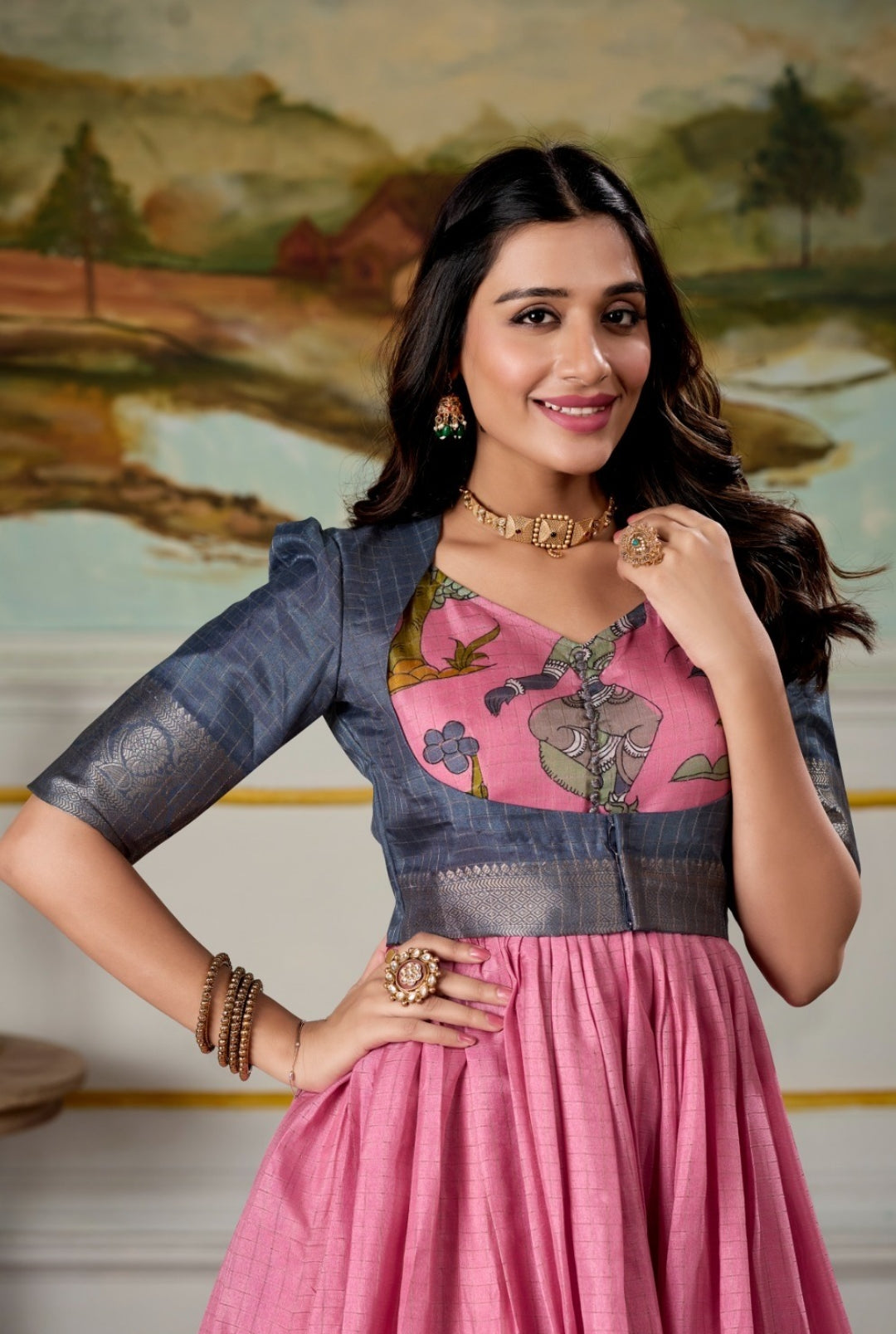 Women Pink And Navy Blue Dola Silk Kalamkari Print With Zari Weaving Broder Floor-Length Gown