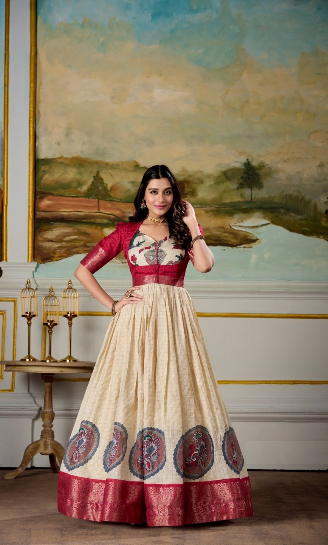 Women Cream And Maroon Dola Silk Kalamkari Print With Zari Weaving Broder Floor-Length Gown