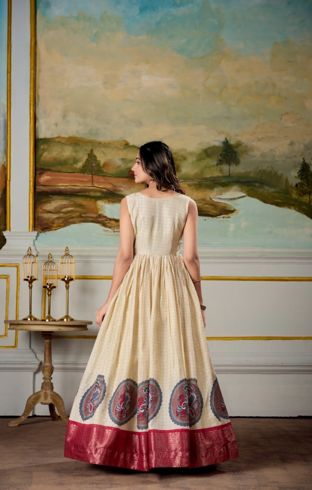 Women Cream And Maroon Dola Silk Kalamkari Print With Zari Weaving Broder Floor-Length Gown