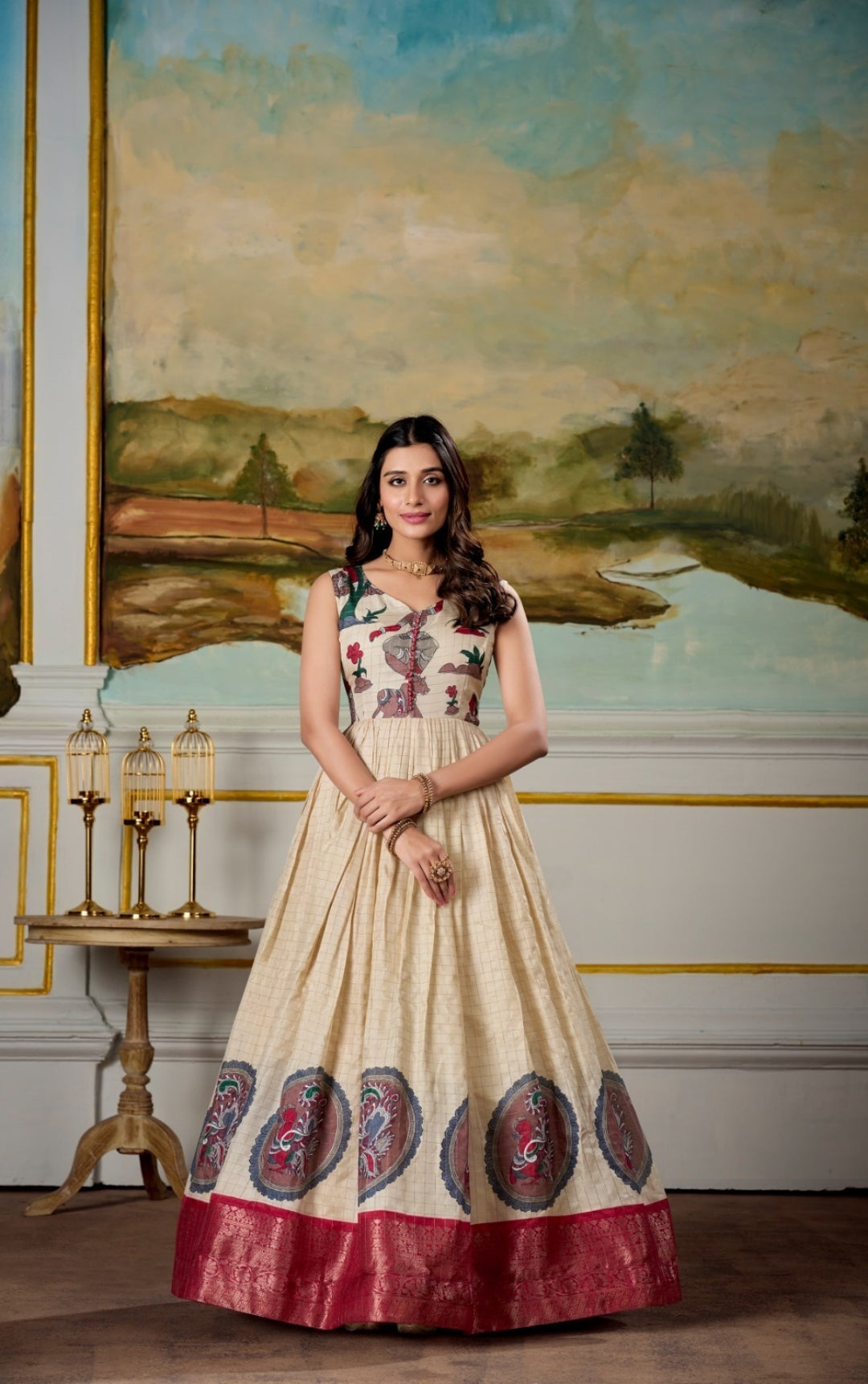 Women Cream And Maroon Dola Silk Kalamkari Print With Zari Weaving Broder Floor-Length Gown
